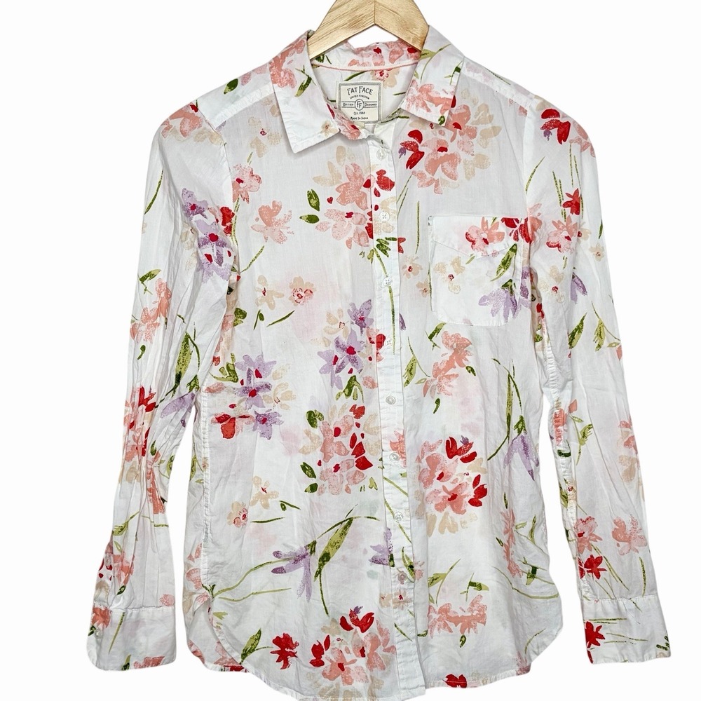 Fat Face Floral Button Up Shirt Womens 2 Cotton Cottage Pastel Career Work